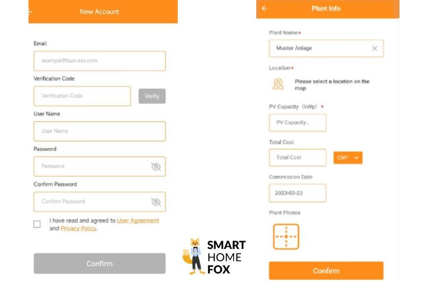 In der TSUN Talent Home App wird ein neuer User erstellt und ein neues  Balkonkraftwerk samt Wechselrichter angemeldet.